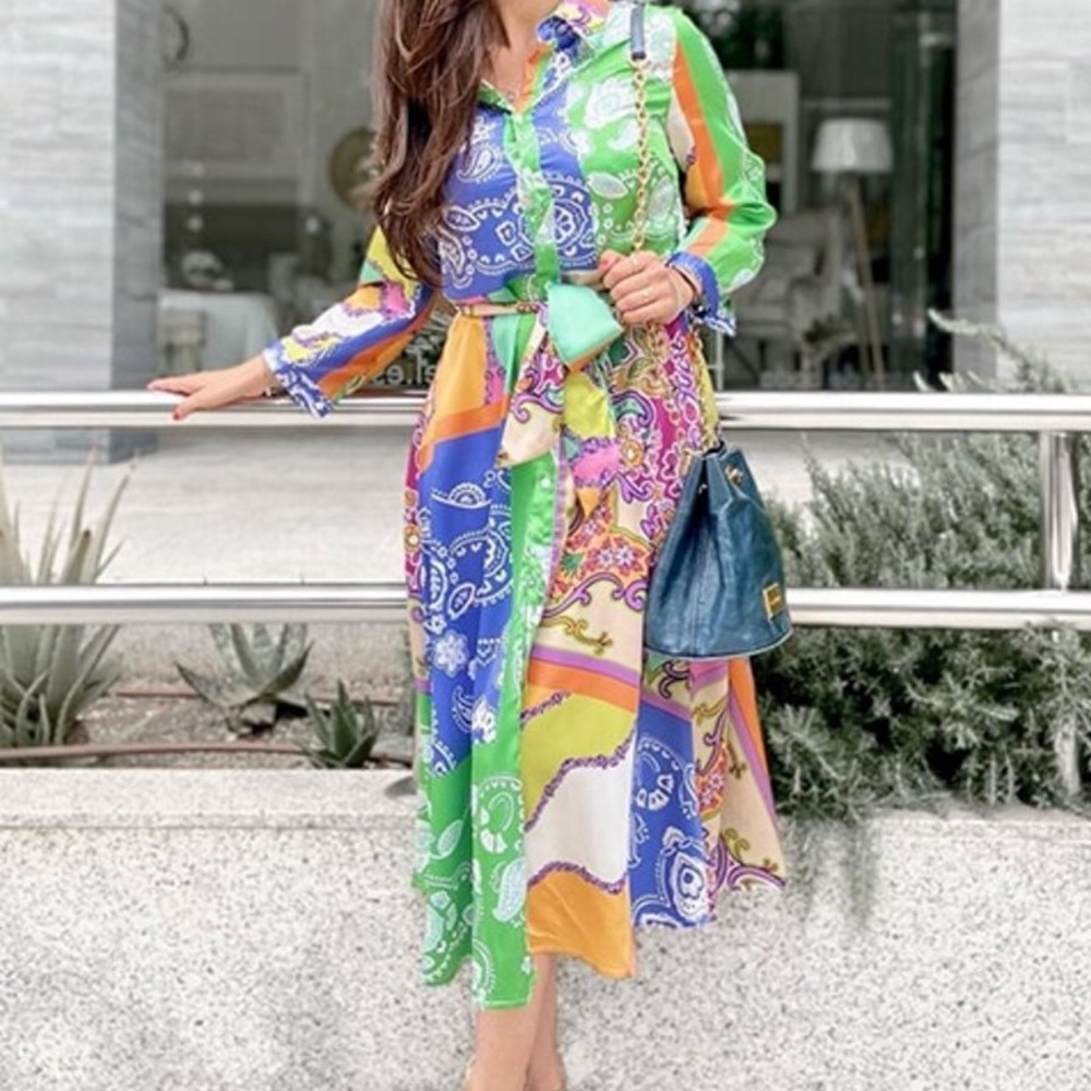 Boho Paisley Print Button up Satin Dress - Picture 1 of 4